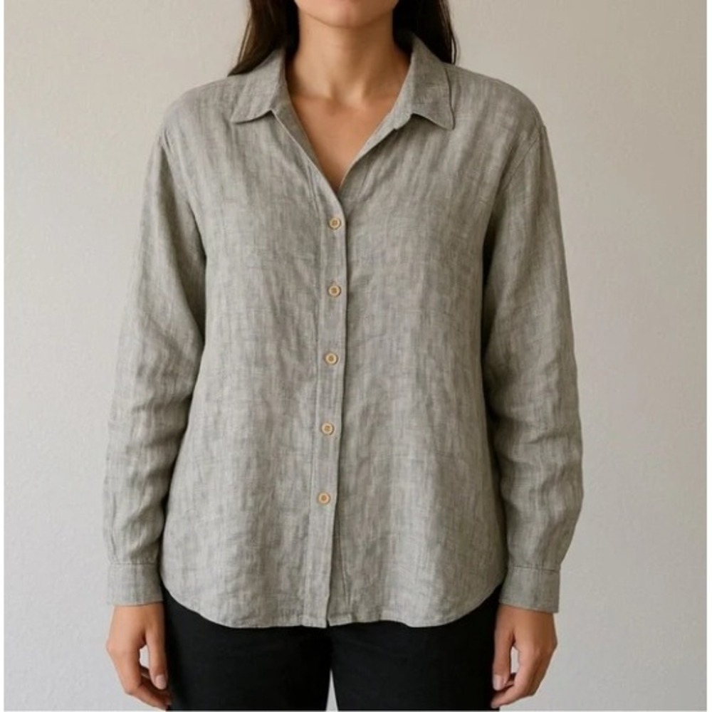 FLAX 100% Linen Button Down Shirt Taupe Beige Micro Check‎ Lagenlook Top S